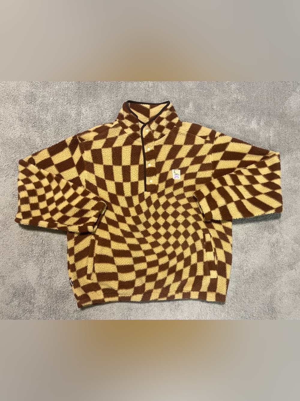Obey Checkered Fleece Jacket Mens L 1/4 Quarter Snap Pullover Brown Cream